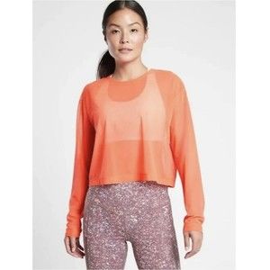 ATHLETA Orange Sheer Long Sleeve Breathe Pullover Circuit Top